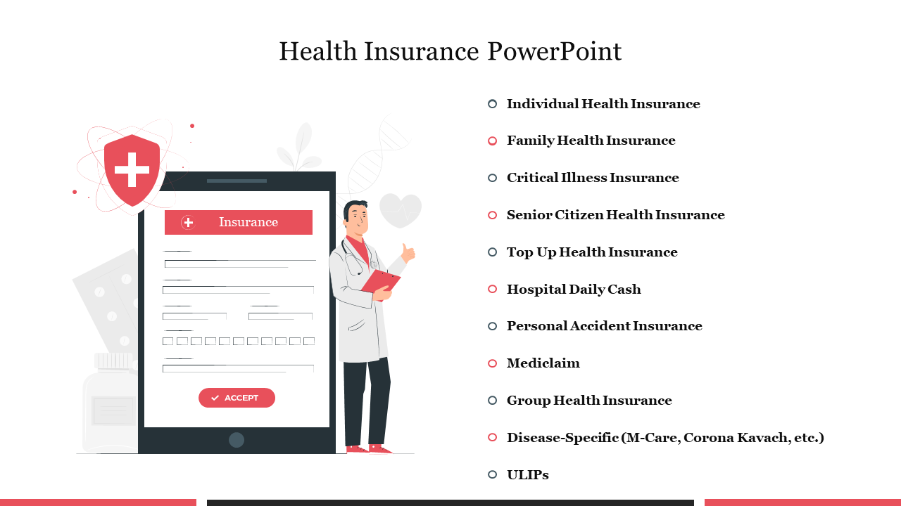 Health insurance PowerPoint template showcasing various insurance types such as individual and family coverage.