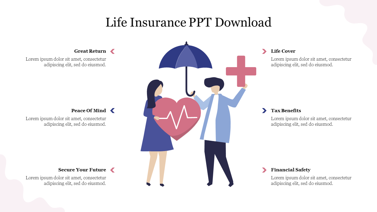 Illustration of a couple with an umbrella and heart, surrounded by six life insurance benefits listed on both sides.