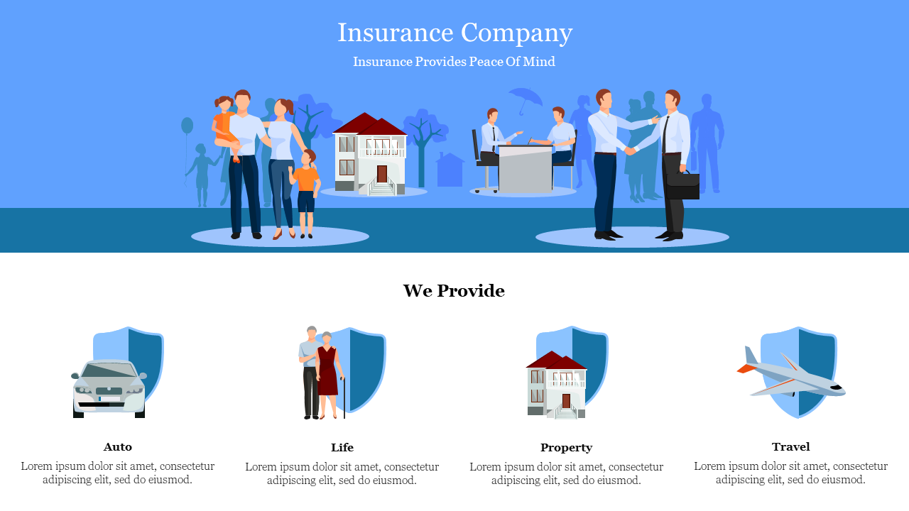 Insurance presentation featuring a family-business handshake above and icons for auto, life, property, and travel below.