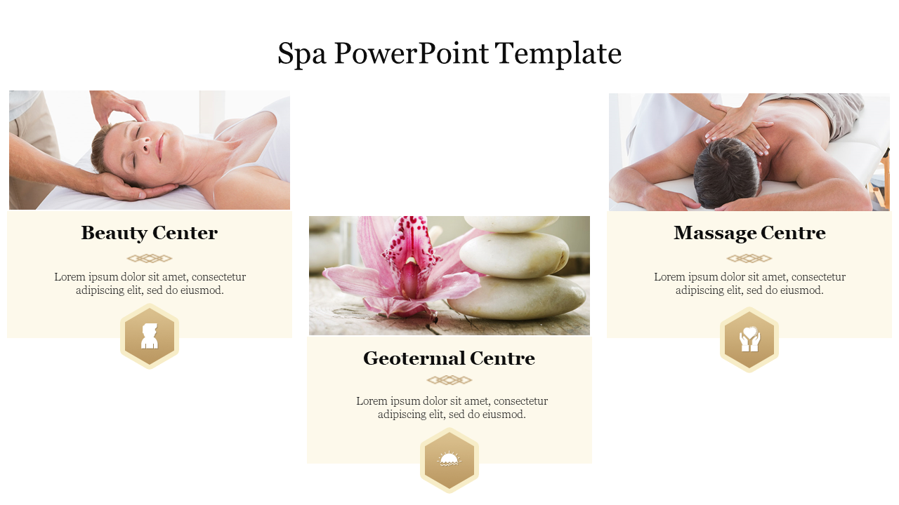 Three panel spa slide with images for beauty, geothermal, and massage centers, each with text and gold icons.