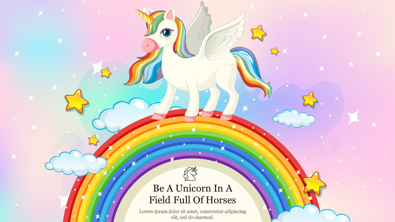 A winged unicorn with a colorful mane and wings stands atop a rainbow, surrounded by stars and clouds in a pastel sky.