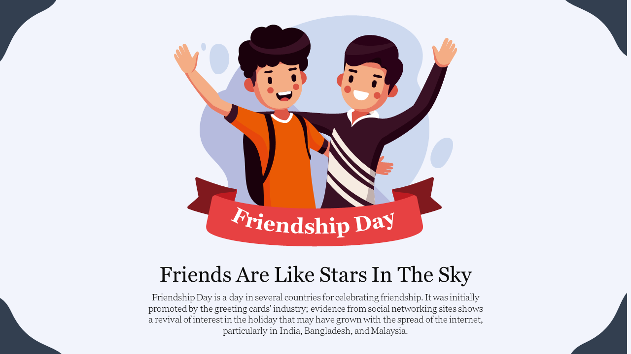 Illustration of two happy friends in a slide, with a banner and text explaining the significance of Friendship Day.