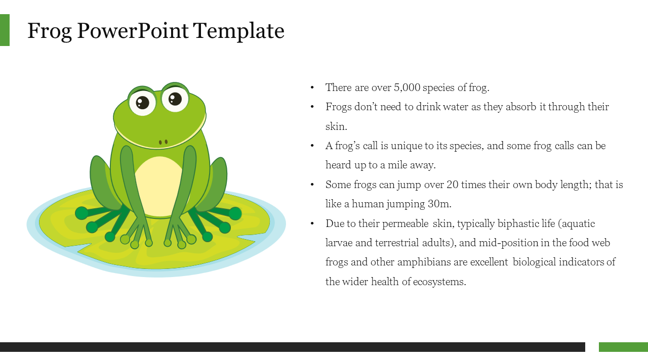 Illustration of a frog on a lily pad on the left, with a list of captions in bullet points on the right.