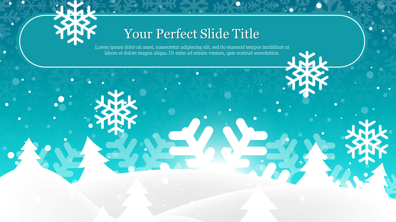 Snowy landscape with white hills, trees, and snowflakes on a blue gradient background, featuring a title bar at the top.