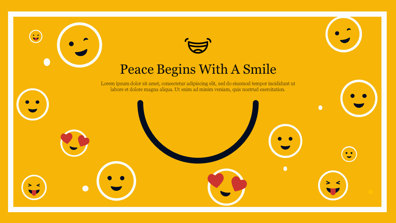 Playful design featuring various smiling emoticons and a bold curved smile design, on a yellow background framed in white.