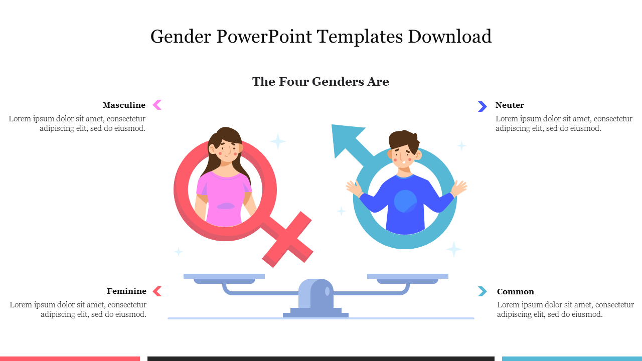 Male and female figures inside gender symbols placed on a balance scale, with placeholder text around them.