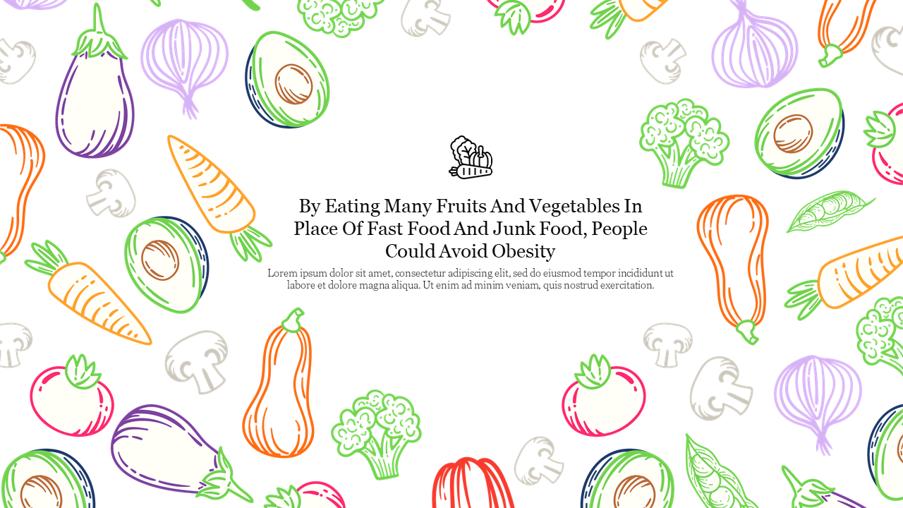 Colorful vegetable drawings, including carrots and avocados scattered around central text and a chef hat icon.