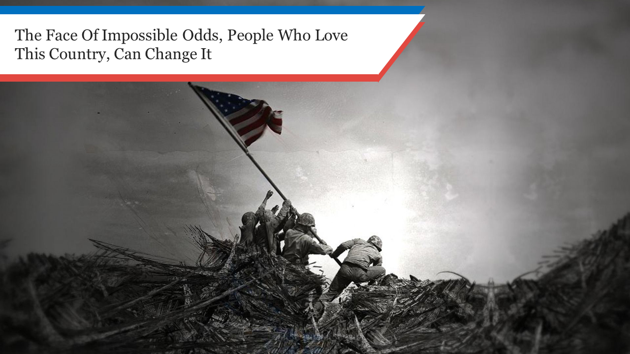 Veteran day themed slide featuring soldiers raising a flag, with a quote about overcoming odds at the top.