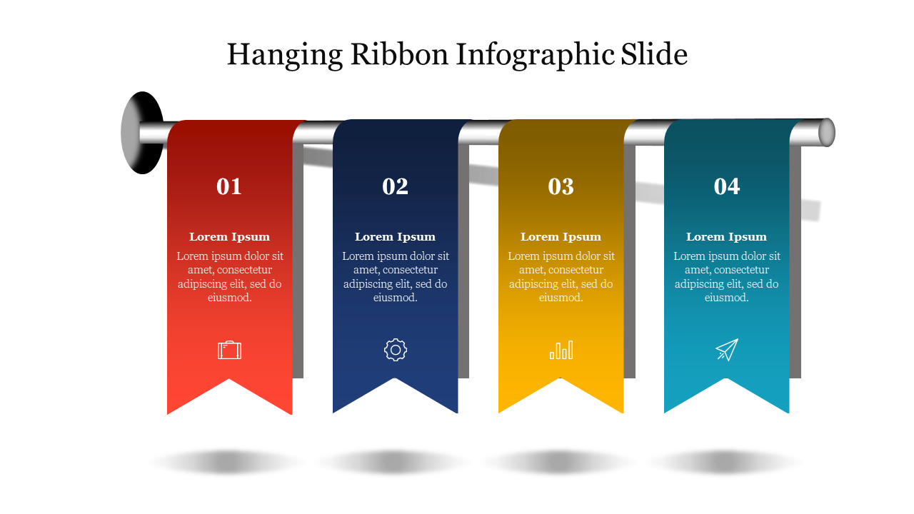 Infographic slide with four hanging ribbons in red, purple, yellow, and blue, each with a number, icon, and placeholder text.