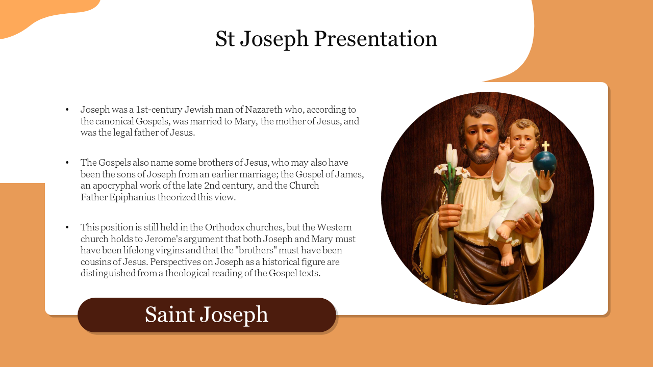 A statue of Saint Joseph holding a child in a circular image with text, and a brown label, all in a white and orange layout.