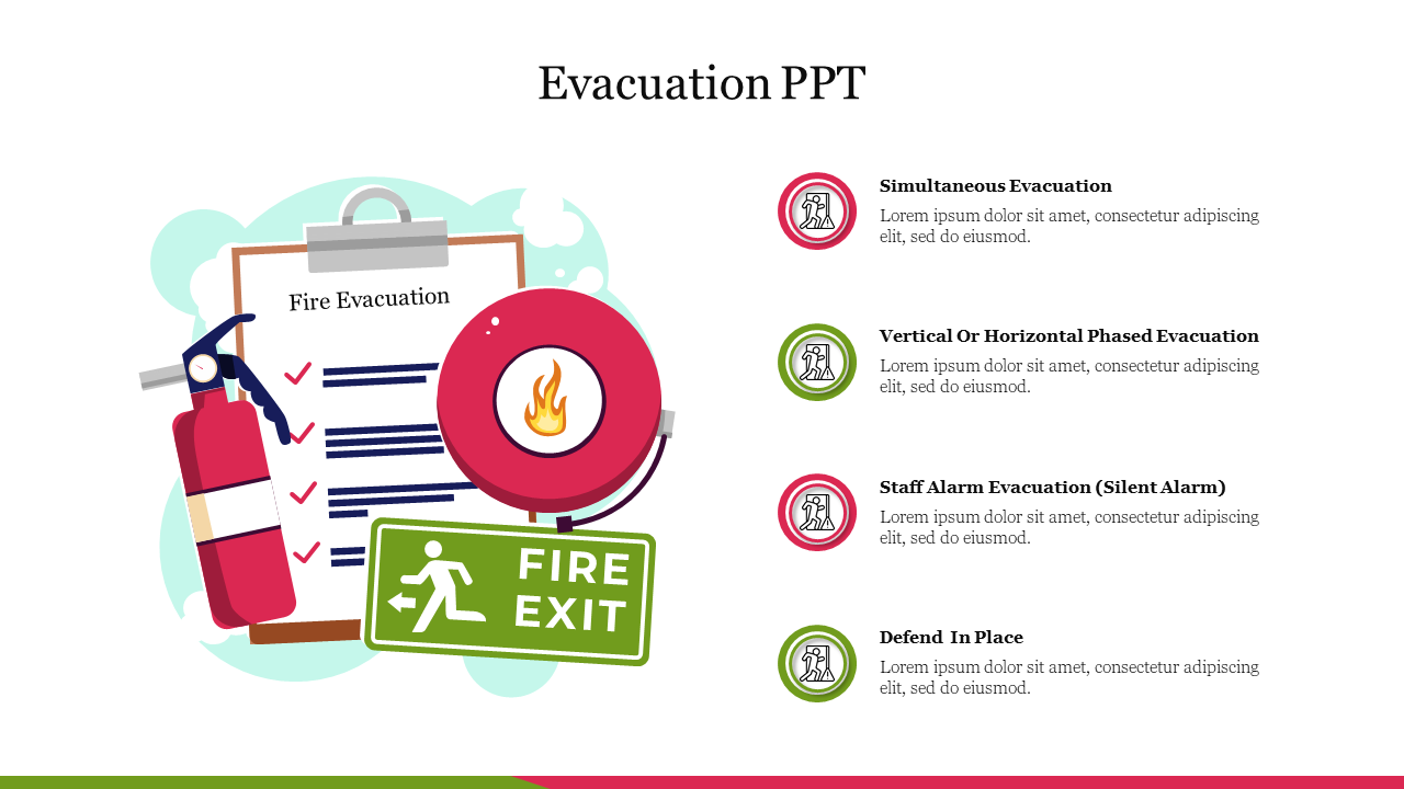 Fire alarm, extinguisher, and exit sign on the left, with four evacuation strategies listed in colored circles.