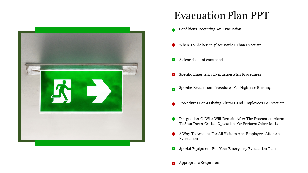 Evacuation plan slide featuring a green exit sign with a running figure, alongside a detailed list of emergency procedures.