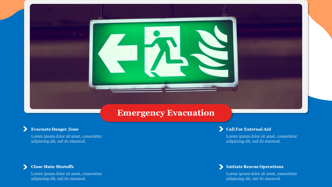 Emergency evacuation slide with a green exit sign and fire symbol, outlining four action steps with text on a blue backdrop.