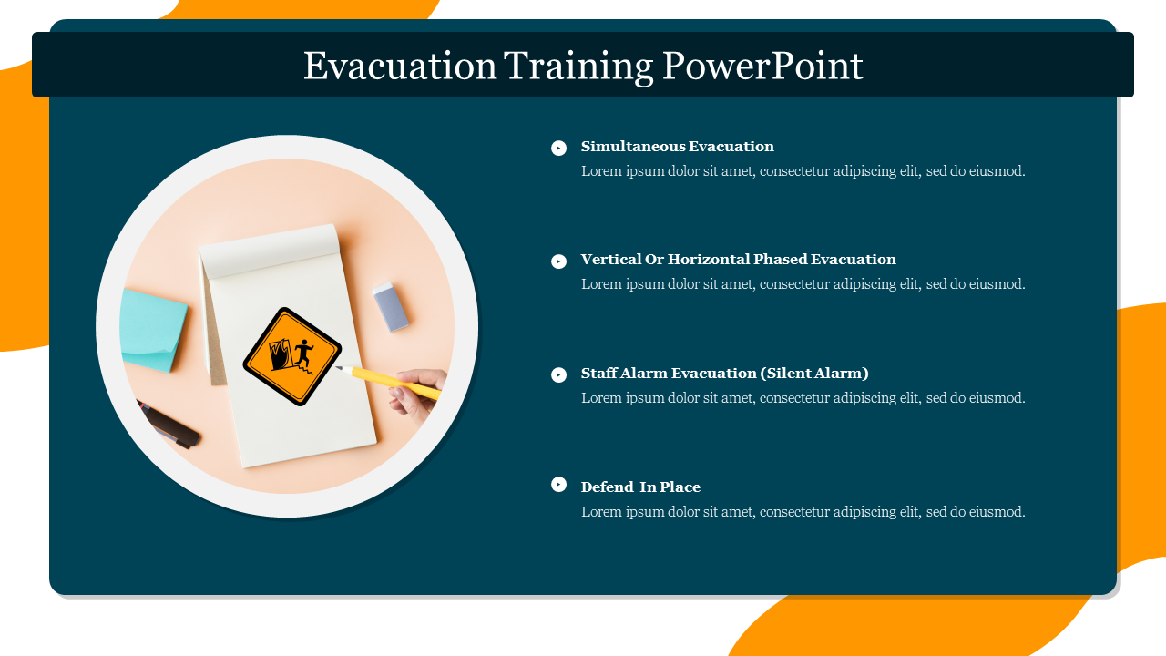 Evacuation training slide with a circular image of a safety sign and four points with placeholder text on a teal backdrop.