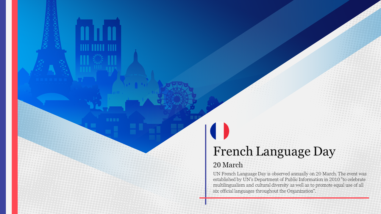 Blue gradient background with French landmarks and text on the right with a flag in the corner.