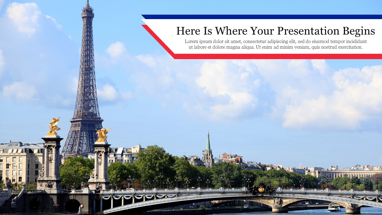 View of the Eiffel Tower in French background and a Paris bridge, with a tricolor banner displaying the title.