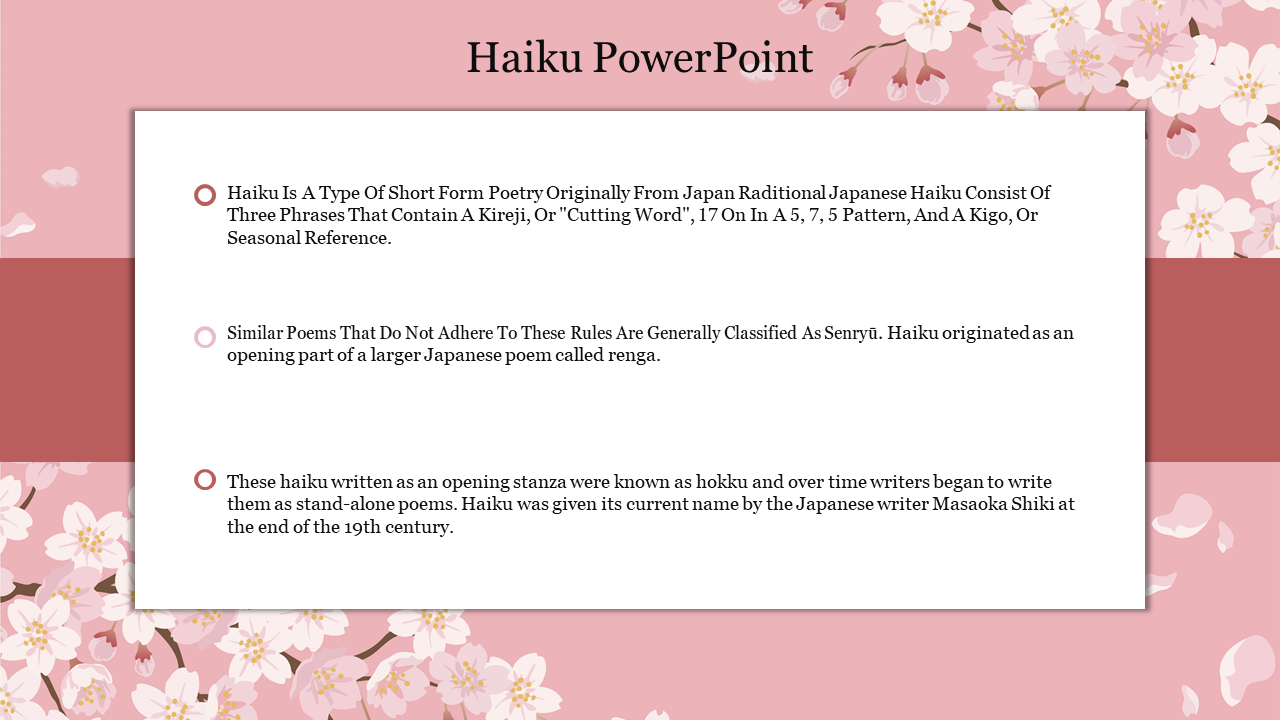 Slide with cherry blossom border and text discussing haiku form, structure, and history, in a floral-themed design.