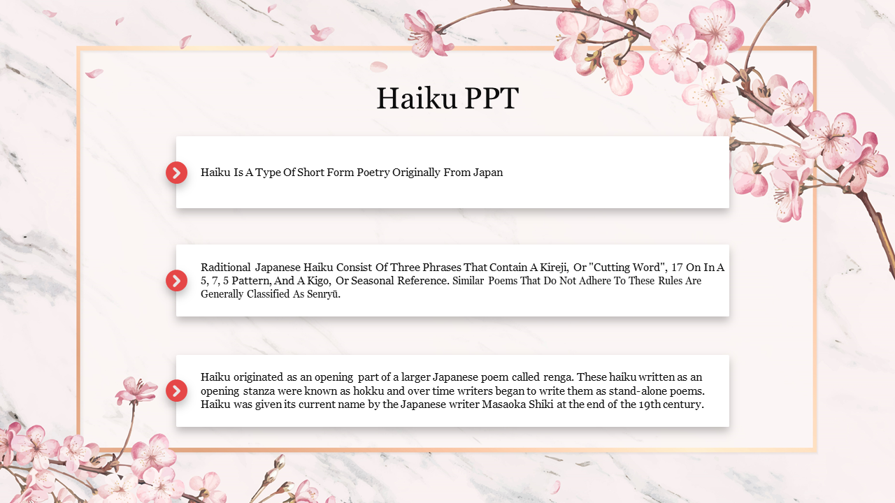 A PowerPoint slide introducing Haiku, featuring floral decorations and brief descriptions of its origins and structure.