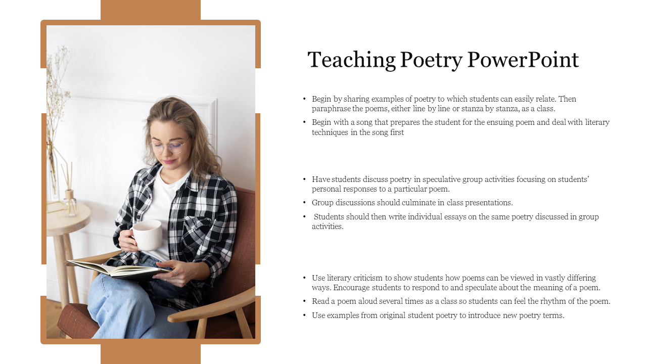 Slide with image of a woman reading and holding a mug, alongside bullet points on poetry teaching methods.