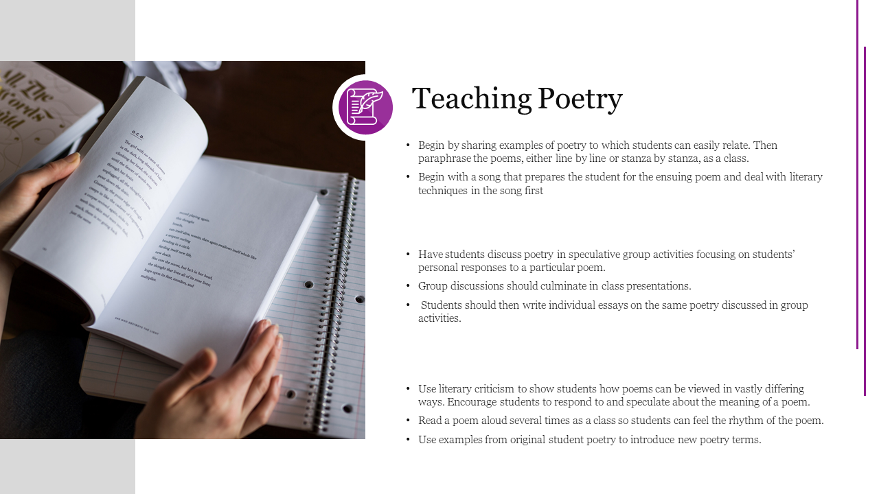 Slide on teaching poetry, featuring strategies for introducing and discussing poetry with students, with an image of a book.