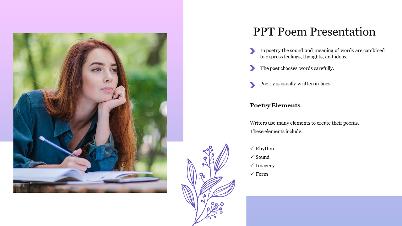 Poetry presentation slide featuring a woman writing and key elements of poetry such as rhythm and sound.