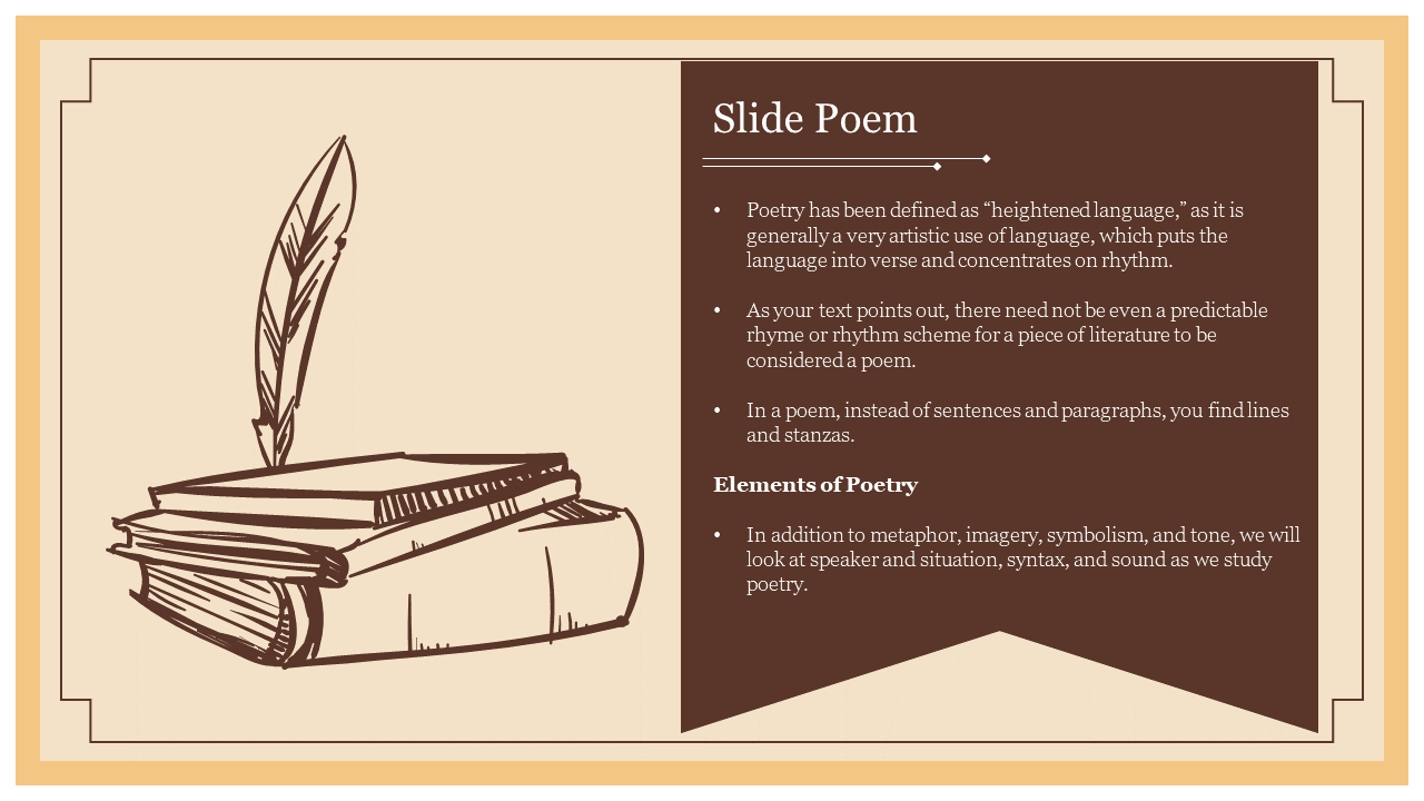 Hand drawn illustration of books with a quill and text about poetry elements in a brown box, set on a beige backdrop.