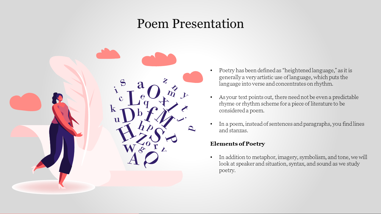 Poetry template featuring a blend of text, scattered letters, and an illustration of a woman beside a quill.