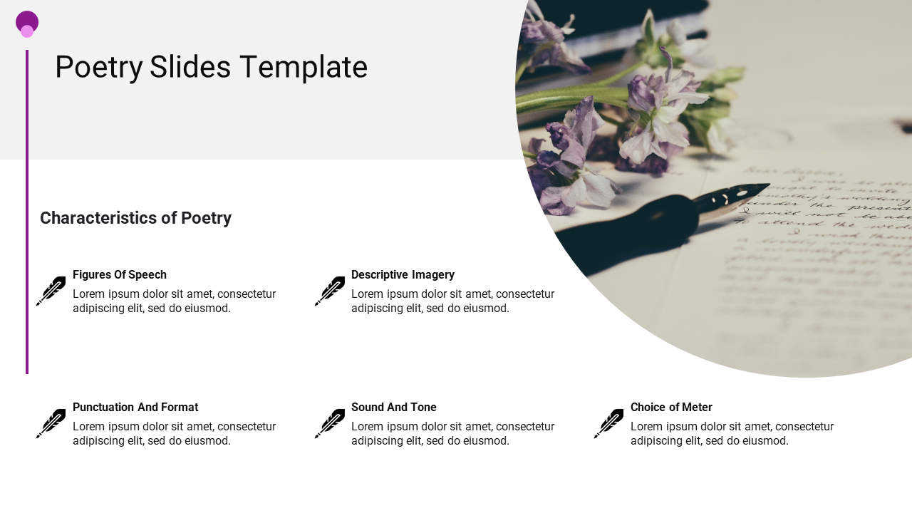 Poetry template with six characteristics of poetry listed on the left, complemented by a decorative image on the right. 