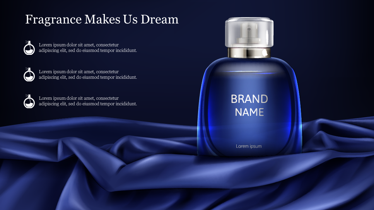 Blue perfume bottle labeled with brand name resting on silky fabric, with three fragrance icons and text on the left.