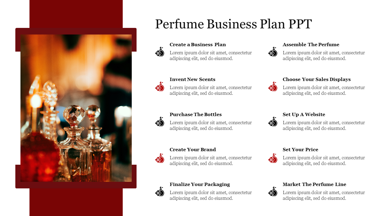 A photo of elegant perfume bottles, and a business plan outline with red and black icons on the right.