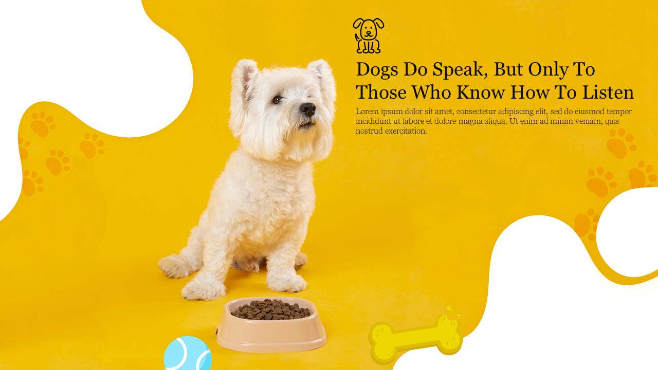 Slide featuring a dog sitting next to a food bowl on a yellow background with paw print accents and space for text.