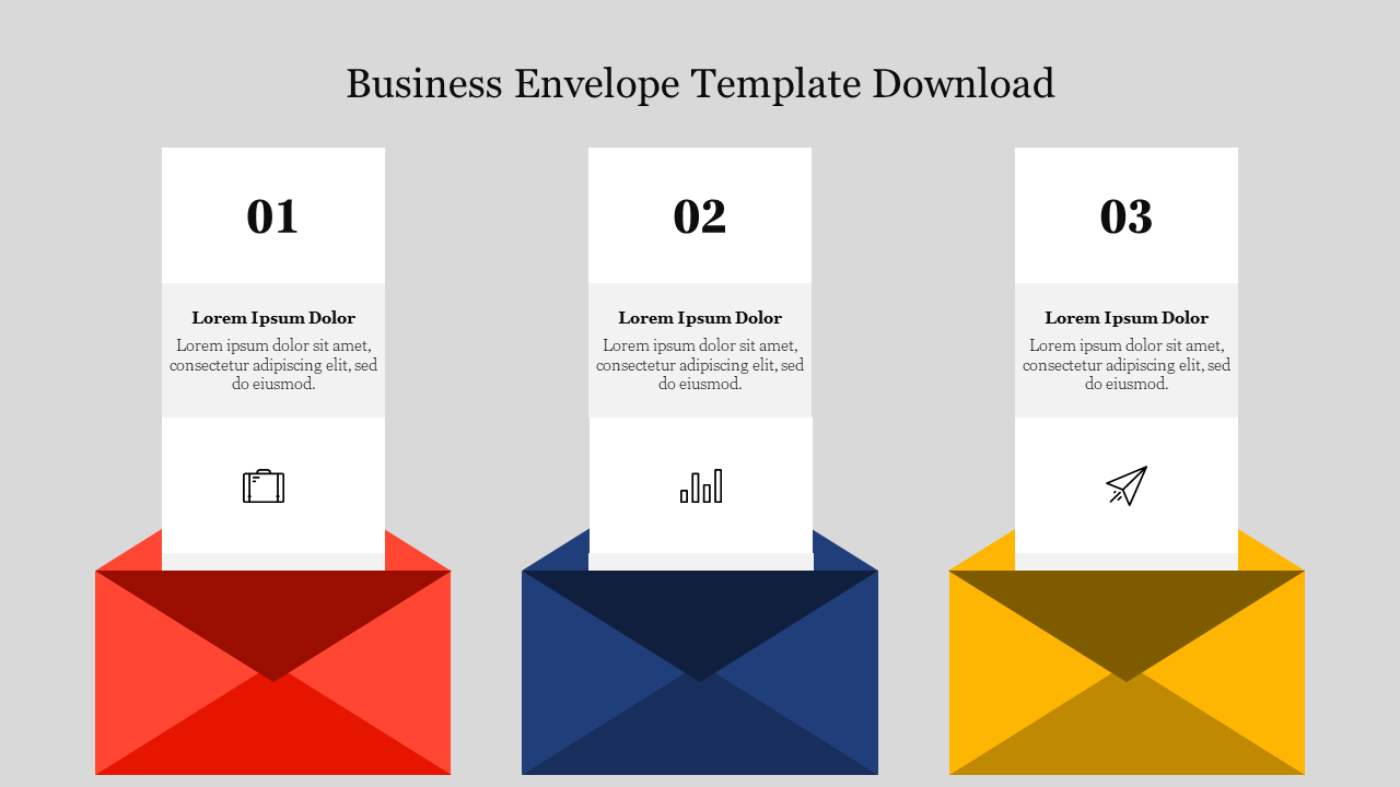 Business envelope template download featuring three envelopes with placeholder text and icons.