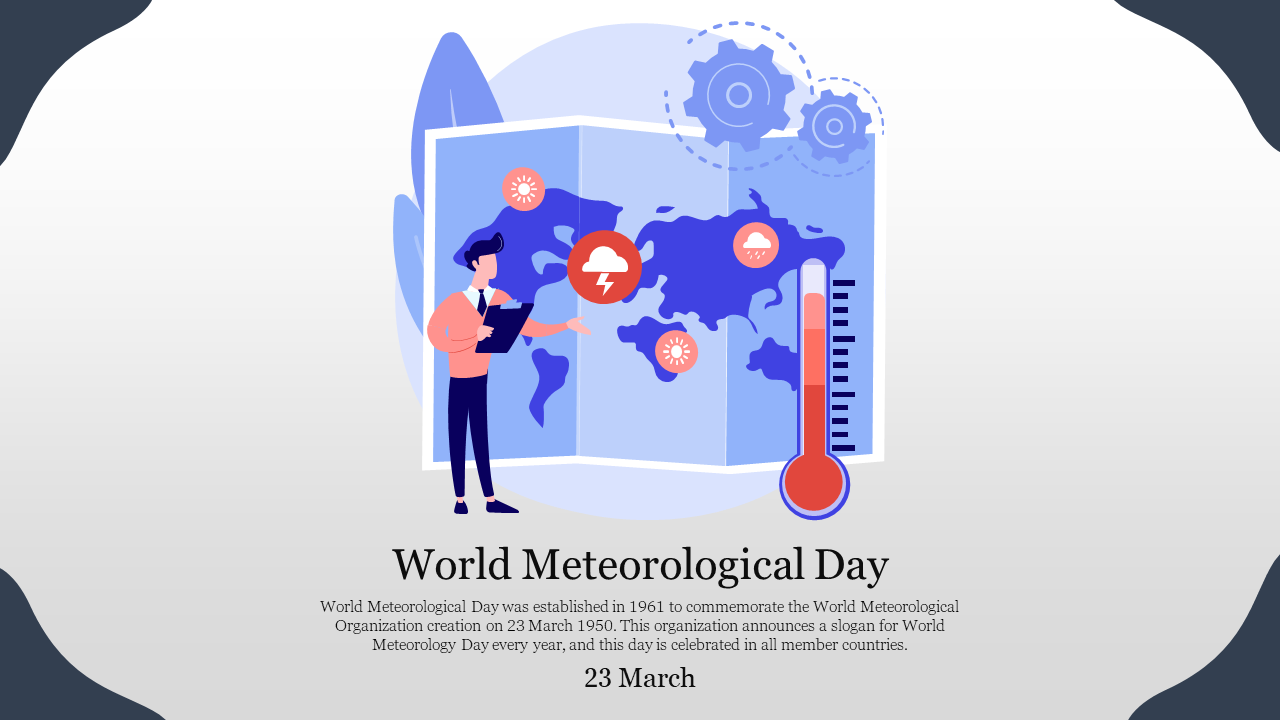 Illustrated man studying a world map with weather icons and a thermometer, celebrating world meteorological day.