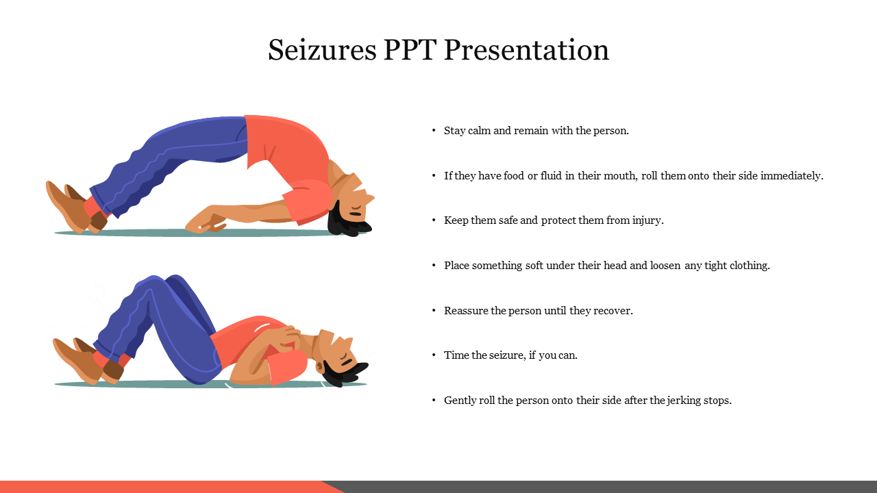 Illustration of a person experiencing a seizure with few first aid steps listed on the right side.