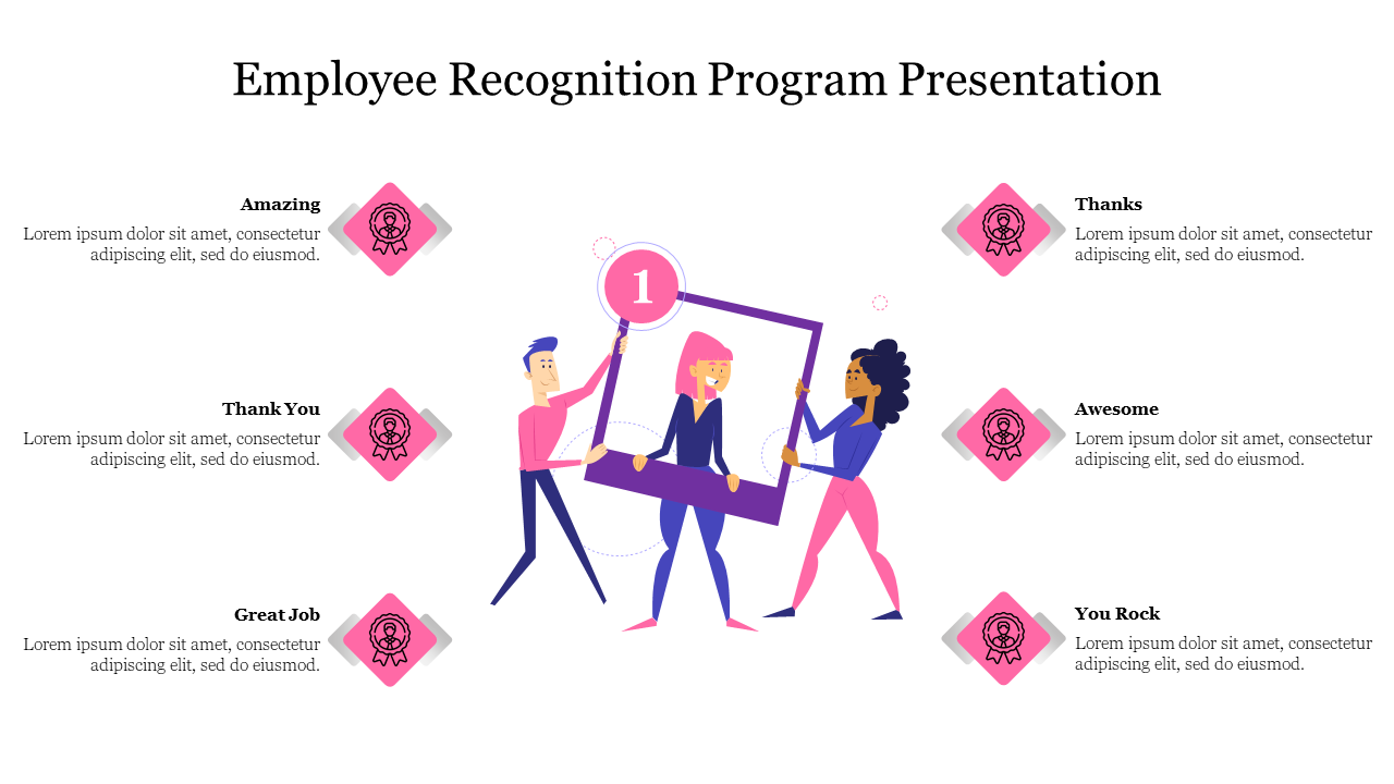 Slides featuring an employee recognition program with motivational words and icons celebrating achievements with text.