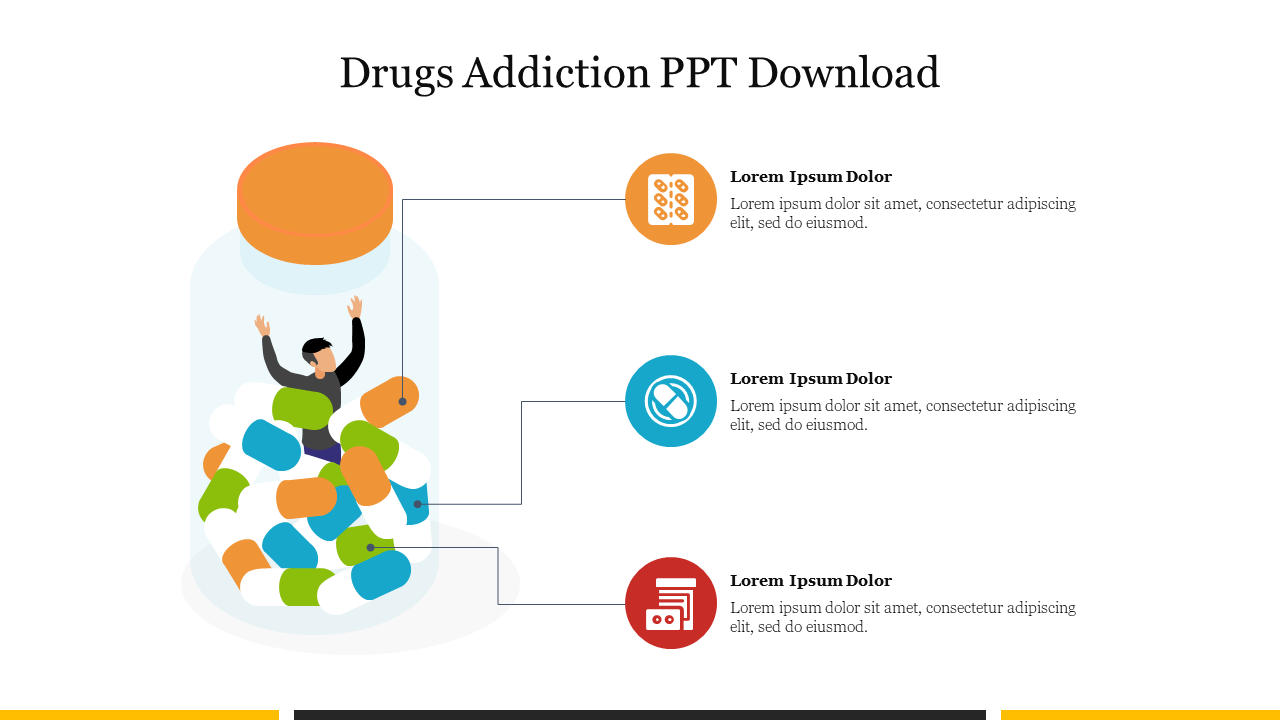 Illustration of drug addiction showing a person trapped in a  pill bottle with colorful capsules, by text boxes with icons.