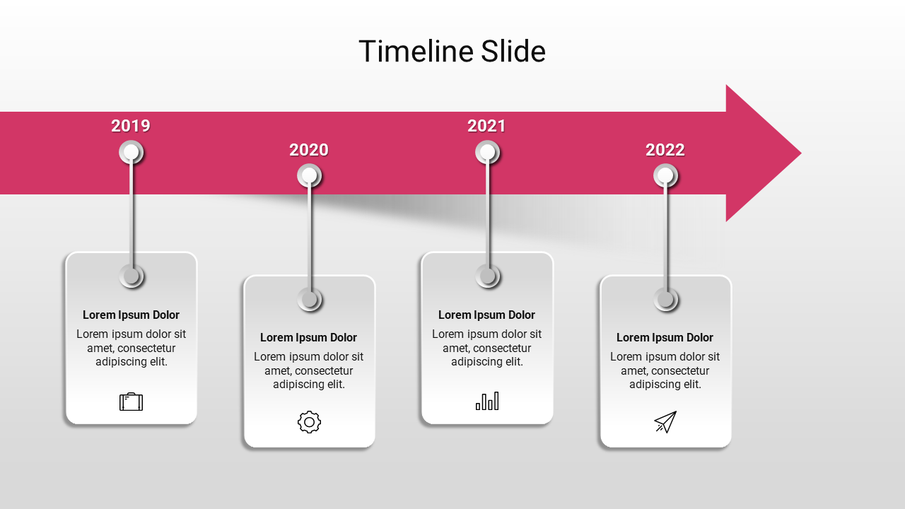 Timeline PPT slide with different years 2019, 2020, 2021, and 2022 with icons and descriptions.