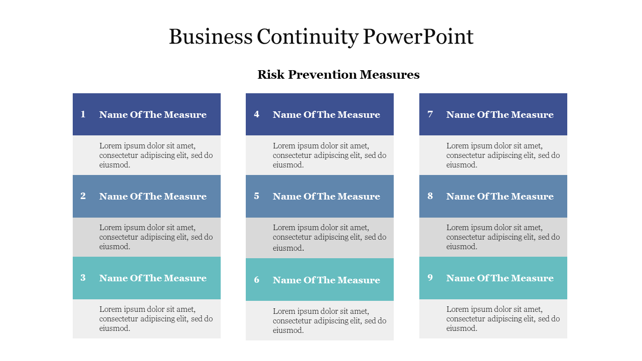 Slide displaying a list of risk prevention measures in a structured format, including placeholders for measure names text.