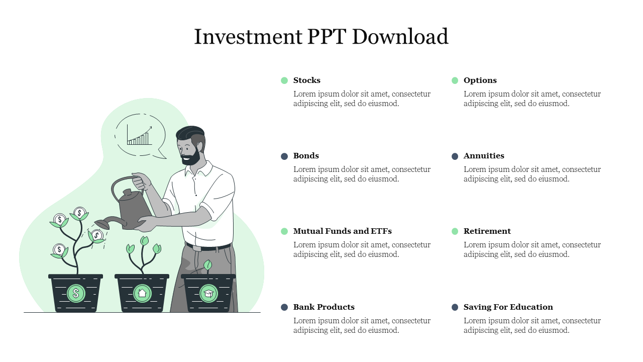 An illustration of a man watering plants symbolizing different investments with placeholder text.