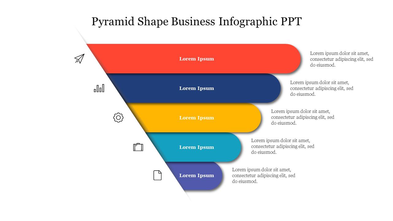 Multicolored pyramid infographic with slanted layers, accompanied by business-themed icons and captions areas.