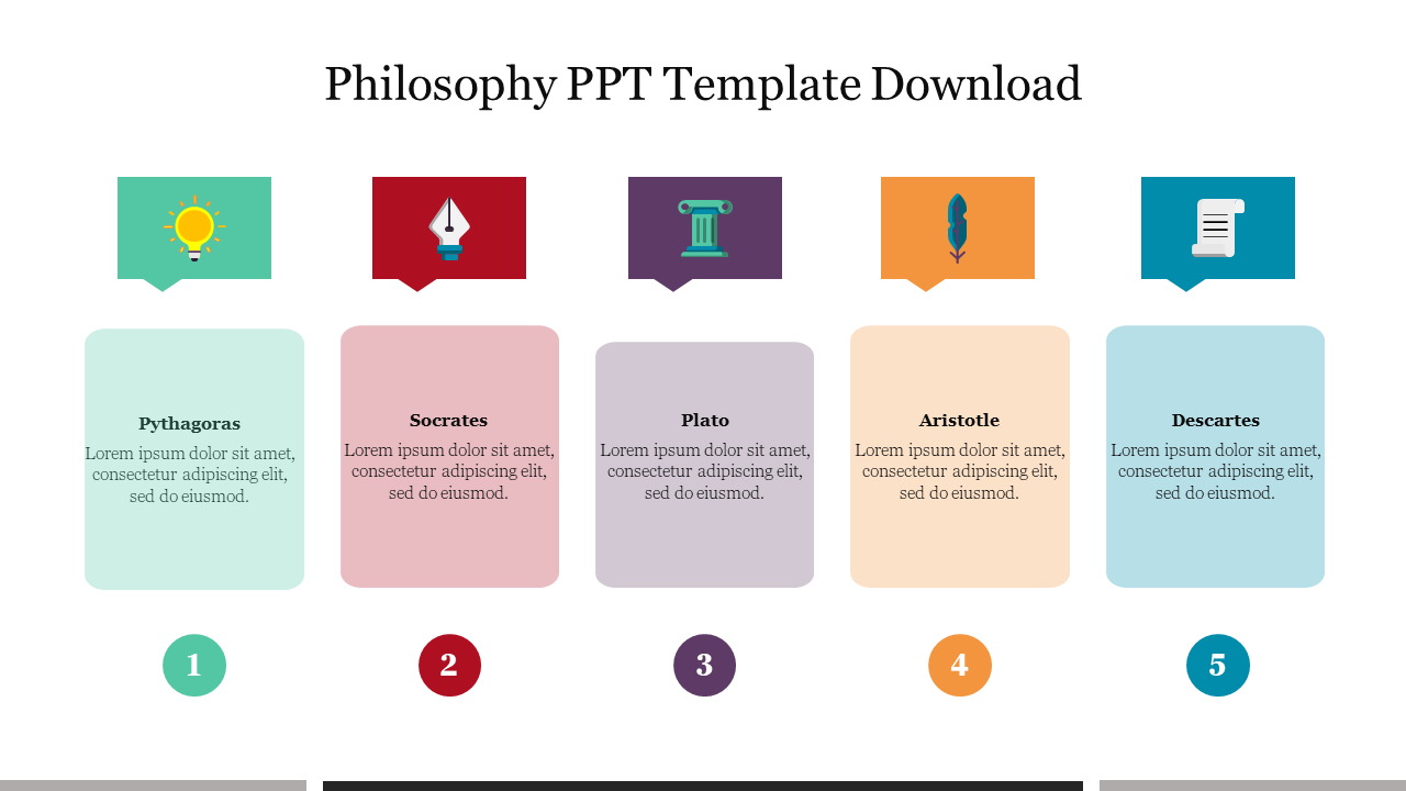 Philosophy-themed slide with five color-coded sections, each featuring a philosopher's name, caption, and icons.