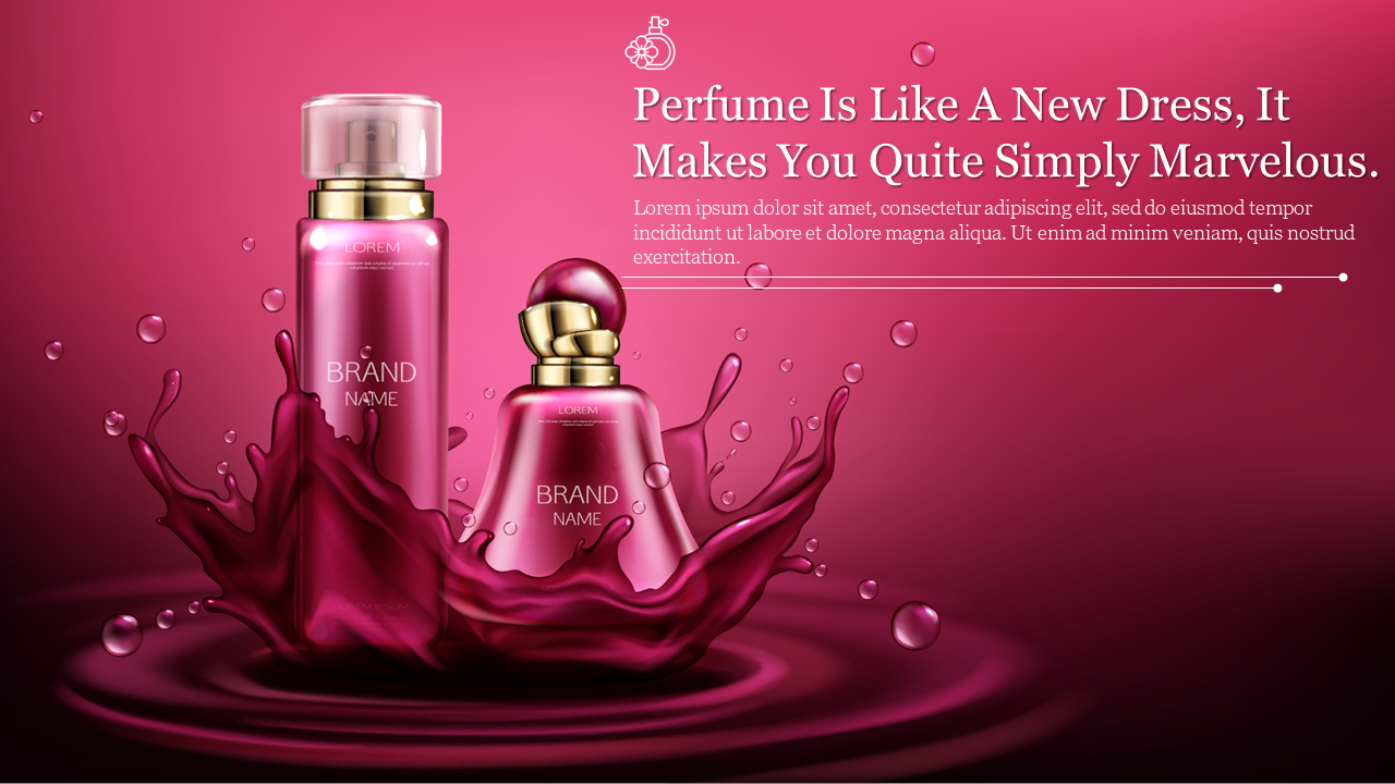 Two perfume bottles surrounded by a splash effect on a pink gradient background with text on the right.