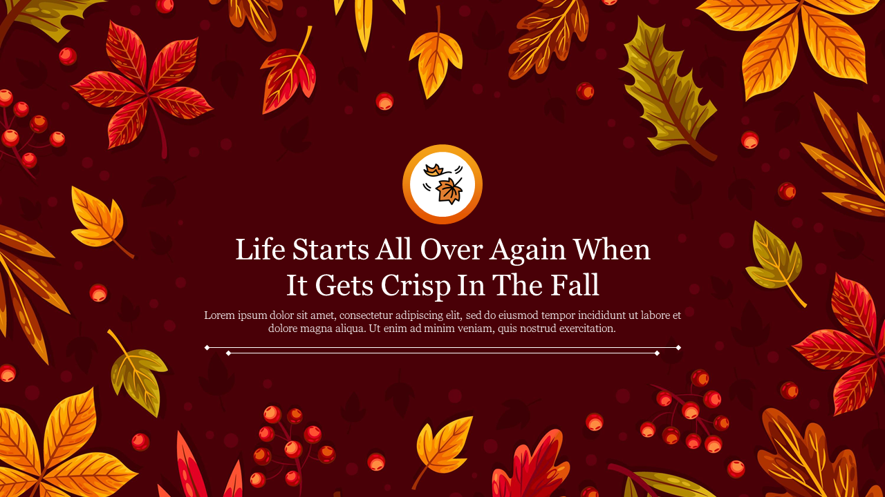 Autumn themed PowerPoint slide with colorful fall leaves and berries, set against a deep red background.