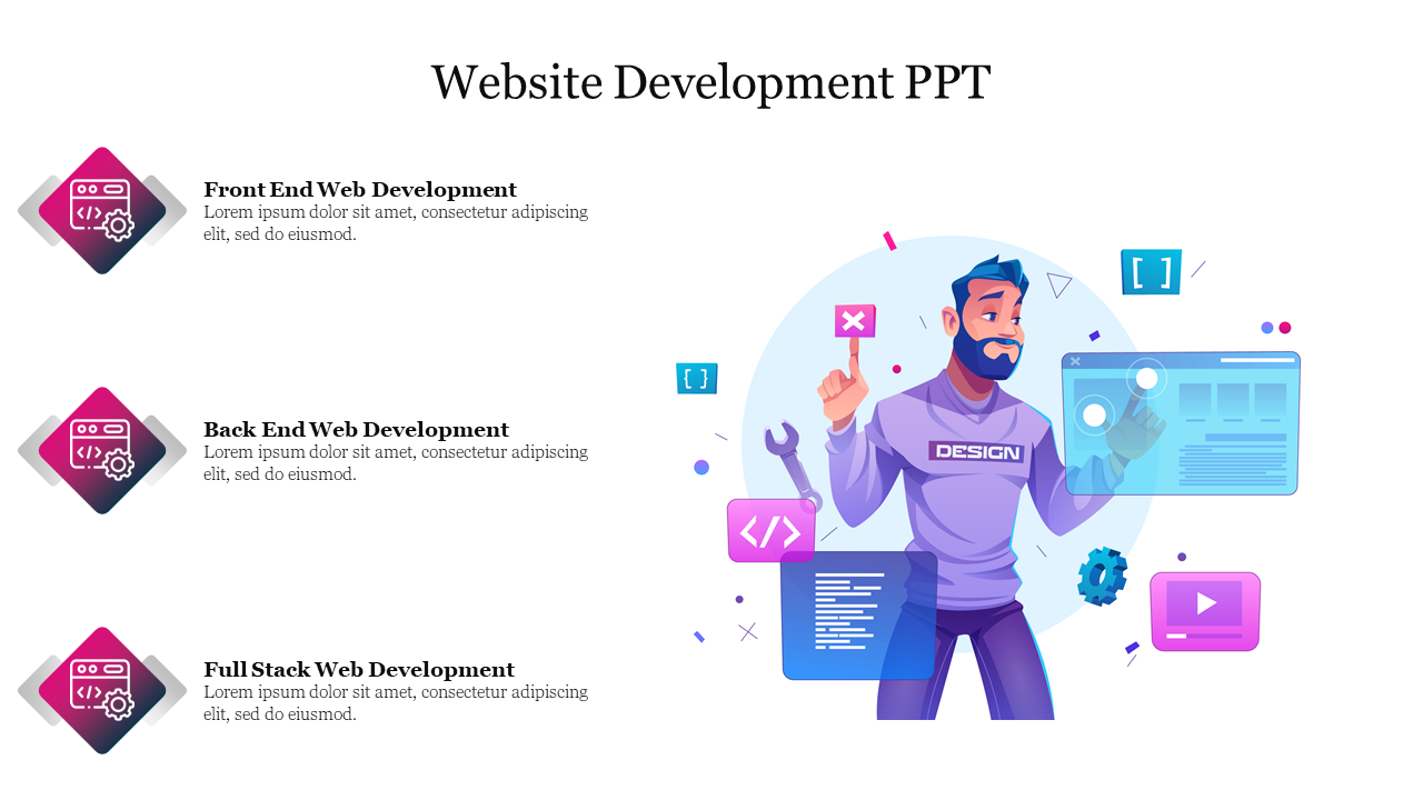 Vibrant website development slide with sections with colorful tech illustrations and three caption areas.