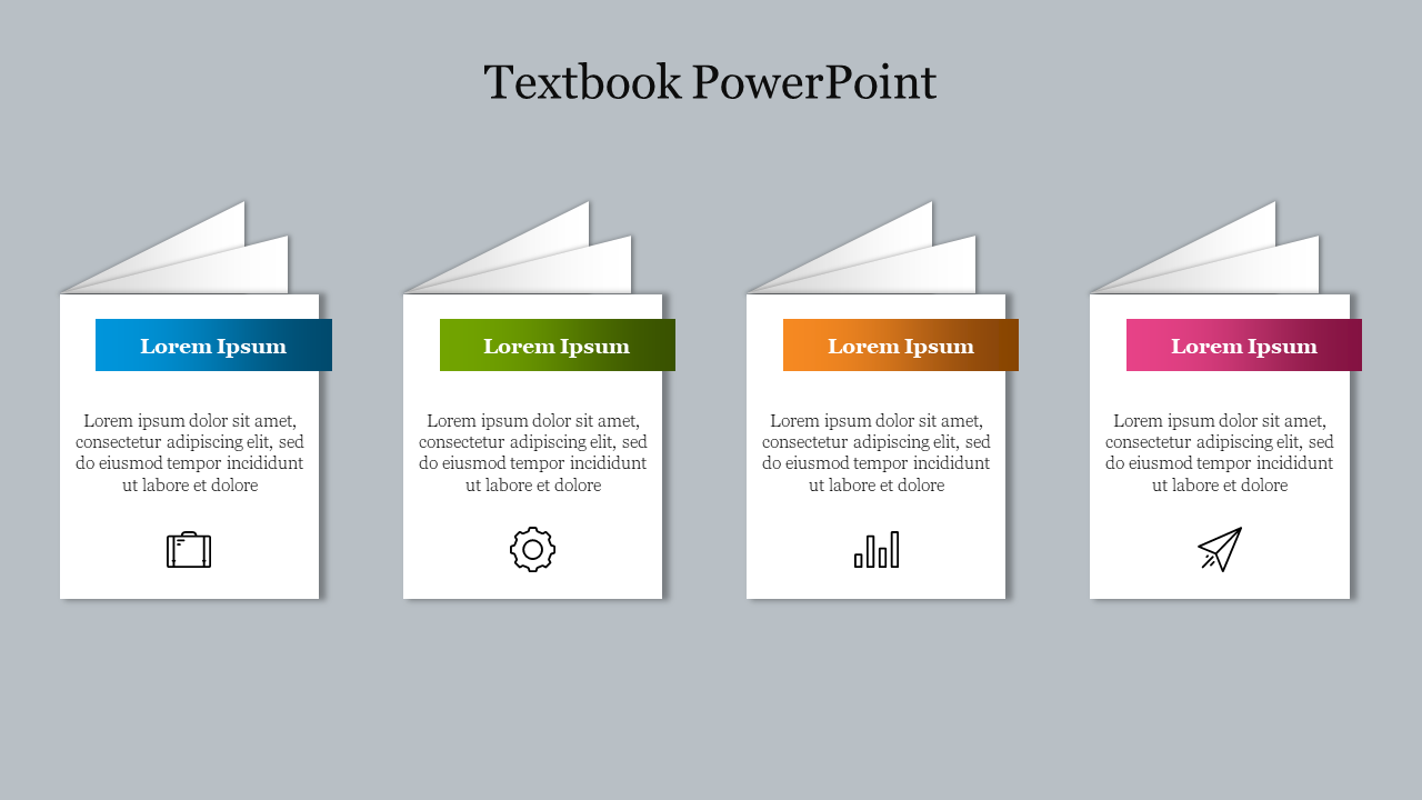 Template with four book shaped elements in blue, green, orange, and pink, each containing text and icons.