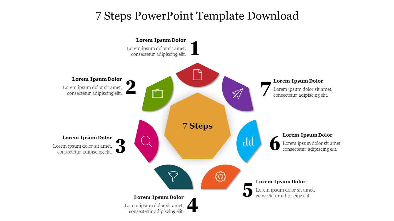 Seven step circular infographic slide with numbered sections and colorful icons for each step, featuring a central hexagon.