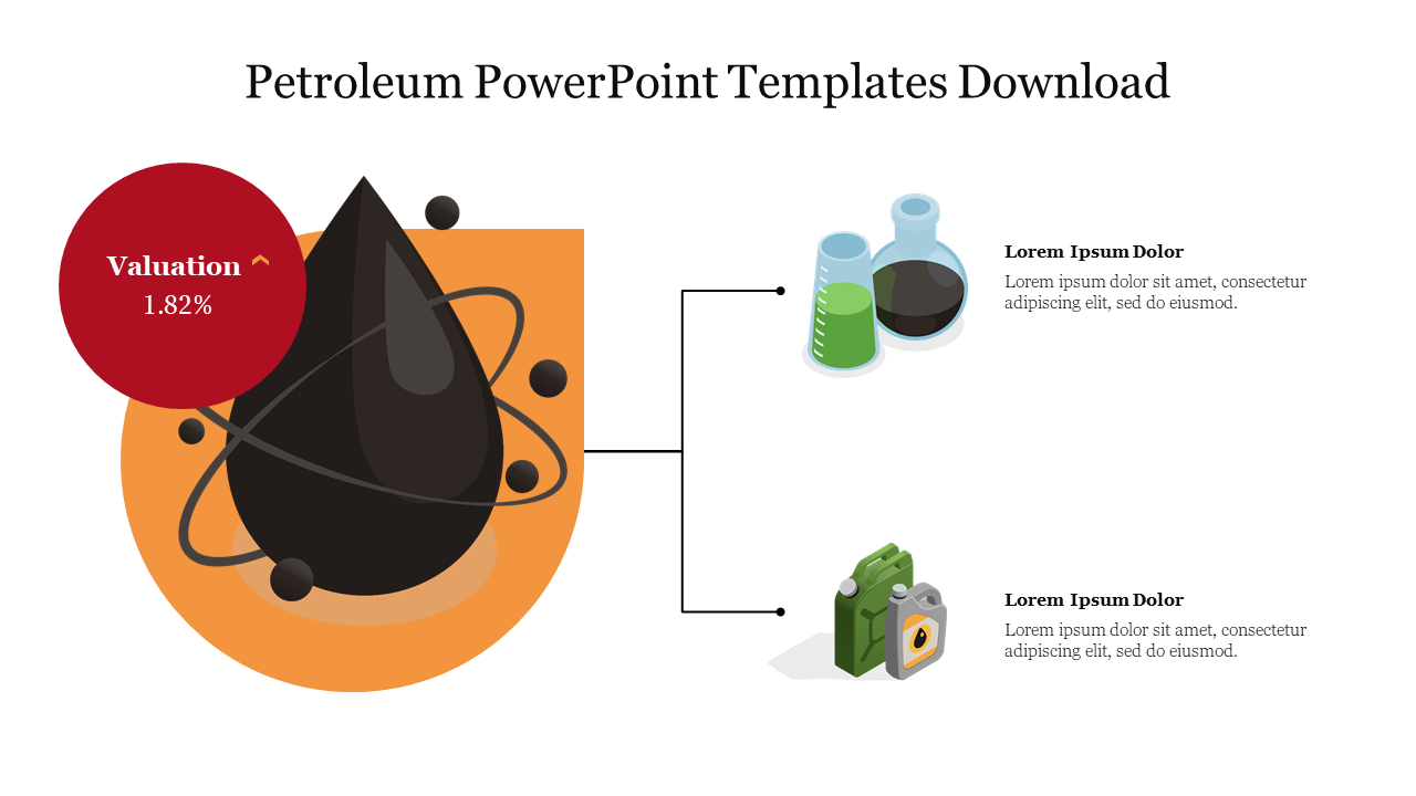 Illustration of a large black oil drop with two linked sections showing chemical beakers and oil containers with text area.