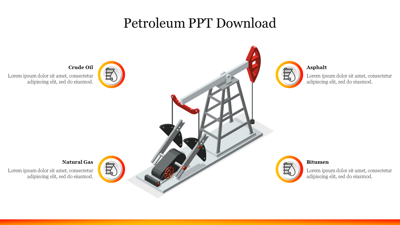 3D pumpjack illustration is centered, with four colored icons for petroleum products placed at each corner.