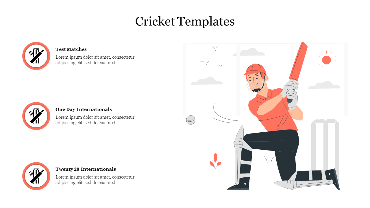 Colorful cricket slide design showcasing a player in action, along with headings with placeholder text.