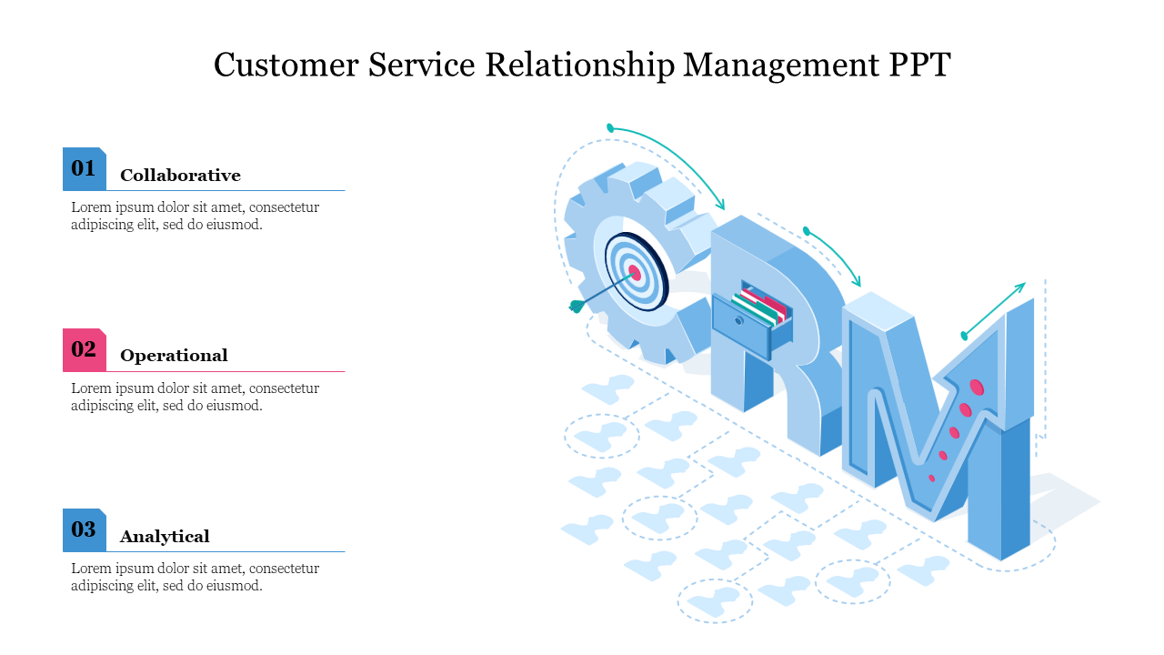 Customer service relationship management slide featuring three key elements each accompanied by a description space.